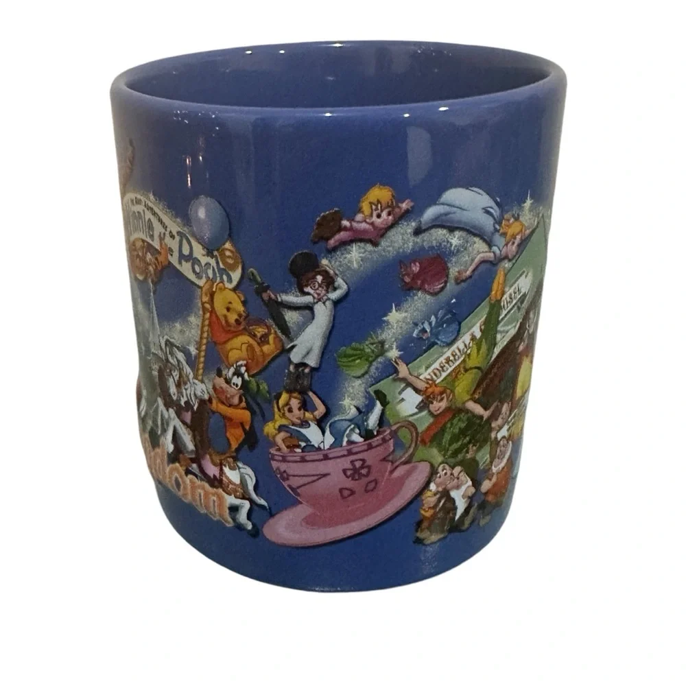 Disney Parks Magic Kingdom 3D Embossed Coffee Mug Blue Mickey Pooh‎ Castle